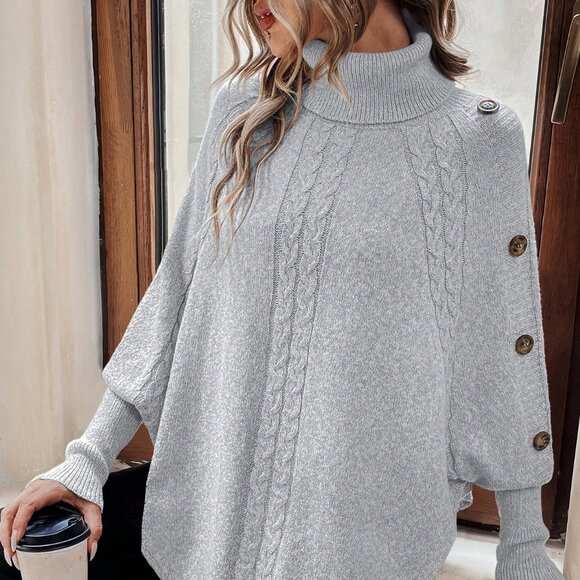Light Grey Casual Women's High Neck Batwing Sleeve Sweater With Asymmetrical Hem - Picture 4 of 7